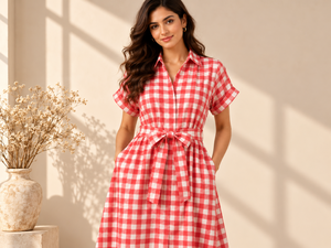 Vestido midi a cuadros para mujer, vestido camisero de manga corta, estilo vintage, corte evasé, ropa de verano, estilo bohemio, con colores y estampados personalizados. - Product Image 3
