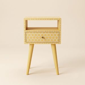 Mesita de Noche de Madera con Incrustaciones de Hueso Amarillo Hecha a Mano, con 1 Cajón, Patrón de Panal, Muebles Indios de Lujo - Product Image 1