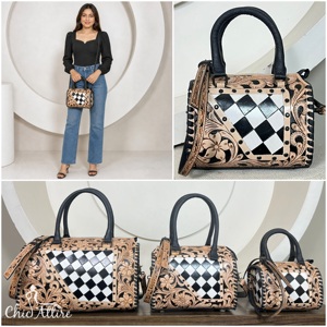 Nouveau Sac de Voyage et Quotidien 2026 en Cuir Véritable Fait Main par un Designer, Modèle Mini Speedy avec Motif Floral à Carreaux Noirs et Blancs - Product Image 1