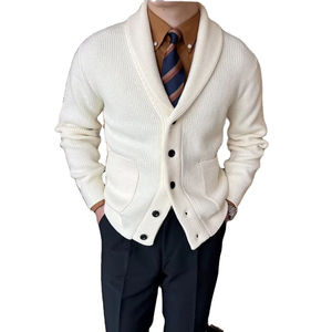 Cardigan en tricot crème de haute qualité pour homme, manches longues, boutons sur le devant, couleur unie, pull d'automne - Product Image 1