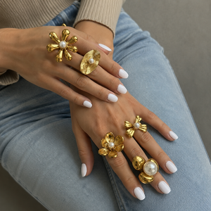 Gold Plated Stainless Steel Jewelry Sunflower Sticky Pearls Open End <b>Ring</b> Hundred <b>Titanium</b> Steel <b>Ring</b> for Engagement Party Gift - Product Image 2
