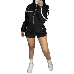 Custom <b>Women</b> <b>Windbreaker</b> Tracksuit Casual Sportswear Piping Design Long Sleeve Full Zip Crop Jacket and Drawstring Shorts - Product Image 3