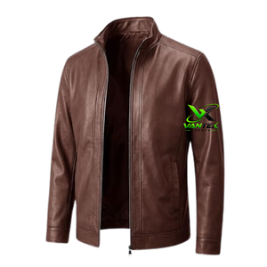 VANTEX <b>SPORTS</b> Men's Genuine Leather Eco-Friendly Vintage <b>Jacket</b> Stand Collar Zipper Front Logo Casual Solid <b>Black</b> Regular Fit - Product Image 3