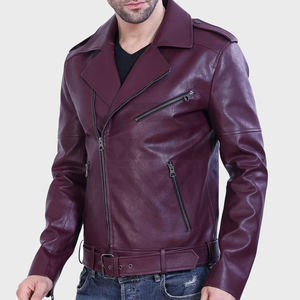 Premium Custom <b>Maroon</b> Leather Biker Jacket Mens Slim Fit Faux PU Leather Moto <b>Coat</b> Fashion Streetwear Outerwear Manufacturer - Product Image 2