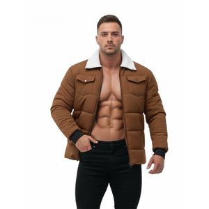 Chaqueta acolchada marrón con cuello de sherpa para hombre, abrigo cálido con cremallera y bolsillos con solapa, ropa exterior informal para exteriores - Product Image 4