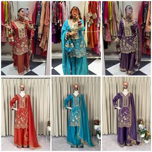 <b>Red</b> <b>Silk</b> Traditional Indian Pakistani Wedding Dress With Mirror Embroidery And Tassels Floor Length Women's Formal Attire - Product Image 2