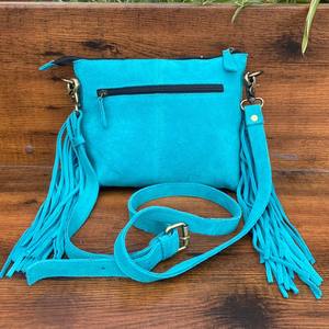 กระเป๋าหนังนิ่มสีเทอร์ควอยส์สำหรับผู้หญิง, กระเป๋าหนังสไตล์โบฮีเมียนลายดอกไม้สไตล์ตะวันตก - Product Image 5