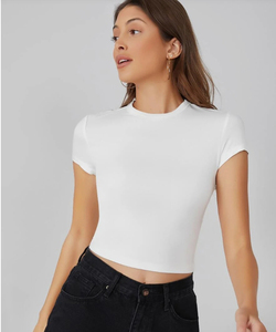 Women's <b>White</b> <b>Crop</b> Top Short Sleeve Crew Neck Slim Fit Knitted Cotton Solid Color Casual All Seasons - Product Image 2