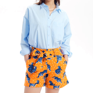 Women's High Waist Printed <b>Animal</b> Pattern Shorts With Belt Casual Style Orange Blue Cotton Fabric Regular Fit - Product Image 1