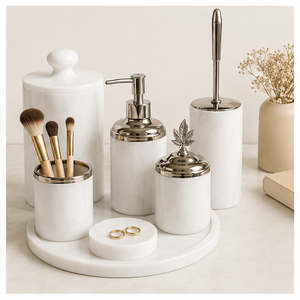 Ensemble d'accessoires de salle de bain en marbre blanc naturel au design attrayant, suite d'articles sanitaires modernes pour hôtel avec distributeur de savon - Product Image 4