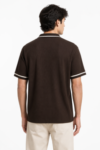 Premium <b>Men's</b> <b>Brown</b> Ribbed for Shirt 100% Cotton Textured Blank Design Breathable Half Sleeve Casual Classic Collared - Product Image 3