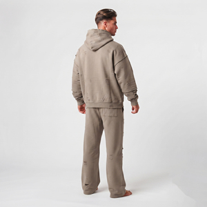 Custom Solid Color Men Cotton Fleece Jogger Set Distressed <b>Full</b> <b>Zip</b> <b>Hoodie</b> Drop Shoulder Relaxed Fit Tracksuit - Product Image 2