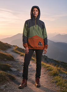 Men's Color Blocking Hooded Windproof Quarter-Zip Jacket With Gorilla Print Back Design Casual Outdoor Wear Autumn Style - Product Image 6