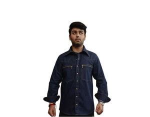 เสื้อเชิ้ตเดนิมสีน้ำเงินเข้มพรีเมียมสำหรับผู้ชาย พร้อมกระเป๋าซิปคู่ แขนยาว สวมใส่ได้ทั้งแบบลำลองและกึ่งทางการ ทรงพอดีตัวทันสมัย เสื้อผ้าผู้ชาย - Product Image 1