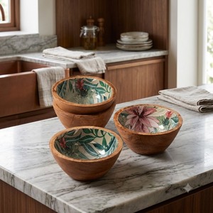 Bol de service en bois de manguier écologique avec motif émaillé imprimé, ensemble d'artisanat classique pour la décoration intérieure - Product Image 1
