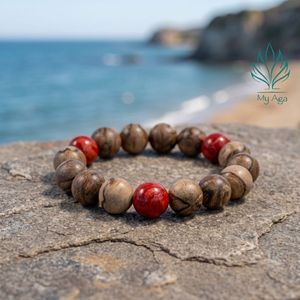 Pulsera de Madera de Agar Vietnamita Natural con Coral Rojo, Pulsera de Cuentas de Agarwood de 12mm, Ágata, Coral Rojo, Regalo Budista Unisex - Product Image 1