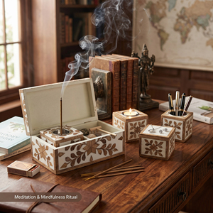 Elegant Wooden Incense Burner Set With Floral Leaf Motifs Burner And Storage <b>Boxe</b> In <b>Large</b> <b>Gift</b> Case For Aromatherapy Use - Product Image 6