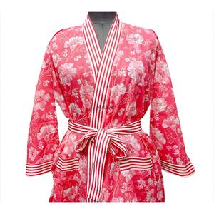 Women Floral Printed <b>Long</b> <b>Sleeve</b> V-Neck Full Length Robe 100% Cotton Soft Nonwoven <b>Kimono</b> Style Sleepwear Belt Closure - Product Image 3