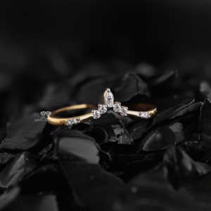 Marquise Lab Grown Diamond Curved Wedding Band 14K Yellow Gold Chevron <b>Stacking</b> Minimalist Bridal Band for Women Wholesale - Product Image 6