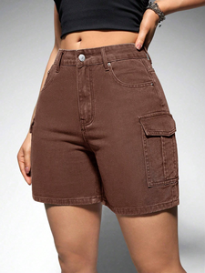 Nouvel Arrivage Short en Jean Cargo pour Femme en Coton Lavé Doux, Style Streetwear d'Été, avec Ceinture à Boucle et Ourlet Design - Product Image 4