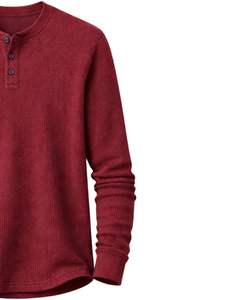 T-shirt thermique à manches longues pour homme, col Henley, en tissu gaufré, couleur bordeaux, décontracté, avec boutons, pour l'hiver, en coton, coupe ajustée, respirant - Product Image 4