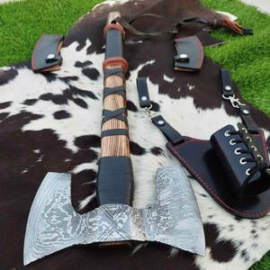 Damascus Double Head <b>Axe</b> Premium Pattern Steel Balanced Design Outdoor Camping Survival <b>Wood</b> <b>Cutting</b> Tool - Product Image 4
