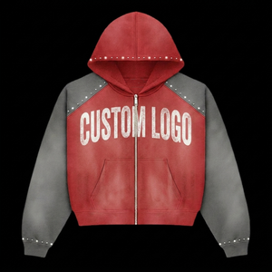 Felpa con cappuccio ricamata con logo personalizzato, in denim acid wash, con zip, patchwork e strass, oversize, taglio boxy, da uomo, con grafiche. - Product Image 3