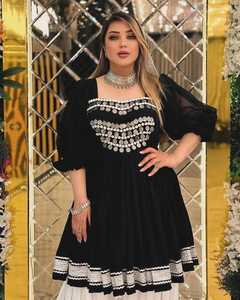 Bohemian Black Beaded A-Line <b>Dress</b> With Puff Sleeves Square Neck Plus Size Knee-Length Chiffon Women's Outfit - Product Image 3