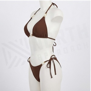 Women Brown Halter <b>Bikini</b> <b>Set</b> With Pearls Tie Side Bottom Solid Color Swimwear Two Piece Beachwear - Product Image 3