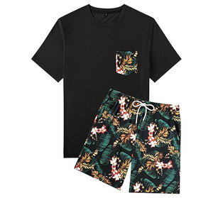 Men's Black Floral Print T-Shirt <b>Set</b> With Pocket Casual Summer Shorts Crew Neck <b>Knitted</b> Breathable Outfit - Product Image 1