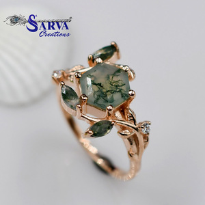 Women's Rose Gold Plated 925 Silver <b>Moss</b> <b>Agate</b> Hexagon Cut Vintage Plant Design Wedding <b>Ring</b> for Party - Product Image 1