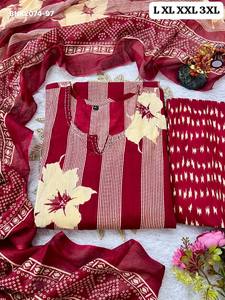 Ensemble Kurti-Pant-Matching Dupatta en coton de qualité supérieure 60-60 avec imprimé grandes fleurs et rayures, coupe droite et longue, achat en ligne Inde - Product Image 2