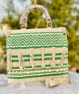 Woven Straw Tote Bag for Women Bamboo Handle Shoulder Handbag with Tassel Pattern Casual Travel <b>Purse</b> - Product Image 2