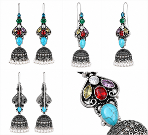 Wholesale Aqua Blue Stone <b>Oxidized</b> Silver Jhumka Earrings for Women | Traditional Indian Ethnic Dangle Earrings - Product Image 5