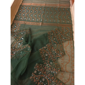Traditional Bangladeshi Silk <strong>Saree</strong> Women's Red <strong>Orange</strong> Printed Wedding Wear Regular Fit Floor Length Ethnic Sari - Product Image 3