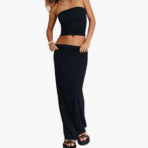 Conjunto de 2 Piezas para Mujer, Top Tubo sin Tirantes, Falda Larga Maxi, Color Sólido, Transpirable, Tejido de Punto, Spandex, Poliéster, Verano, Casual - Product Image 1