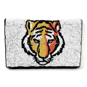 Handmade Women's Designer Beaded Tiger <b>Face</b> Clutch Bag Durable Embroidery Pattern Foldable Magnetic Closure Custom Export Bulk - Product Image 1