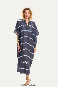 Robe Kaftan en Chiffon à Rayures Tie-Dye, Col en V, Manches Courtes, Coupe Ample, Longueur Midi, Broderie, Tenue Décontractée d'Été pour Femmes - Product Image 1