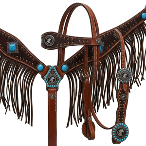 Western Leather Comfortable Durable Headstall Breast Collar & Reins <b>Set</b> <b>Beaded</b> Inlay Brown Fringe Crystal Conchos Horse - Product Image 2