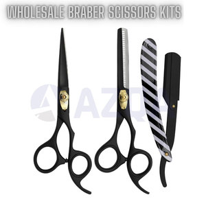Professional Stainless Steel <b>Barber</b> Scissors and Straight Razor Grooming <b>Set</b> with Hair Thinning Shears and PU Case - Product Image 2