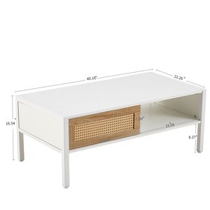 Tavolino da Caffè Moderno in Rattan Bianco da 102 cm con Porta Scorrevole e Gambe in Metallo per Soggiorno - Product Image 6
