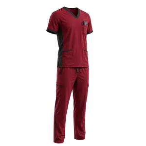 Ensemble de blouses médicales unisexe rouges à manches courtes avec poches et pantalon à cordon de serrage, respirant, 100 % polyester, uniforme de détection d'aiguilles pour adultes - Product Image 2