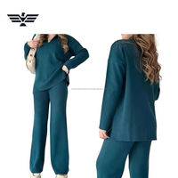 Conjunto de 2 Piezas para Mujer, Top de Manga Larga con Cuello en V y Pantalones Anchos, Estilo Casual Otoñal, Corte Holgado, Color Sólido, Tejido de Punto