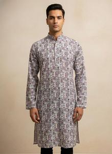 Conjunto de Kurta de Rayón con Estampado Digital y Trabajo Schiffli para Hombre, Diseño Tradicional, con Pantalón Payjama - Product Image 3