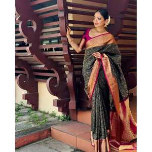 TENDENCIA BANARASI SEDA SUAVE ZARI TEJIDO TRABAJO SAREE CON BLUSA DESCOSADA NEGRO - Product Image 1