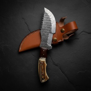 Couteau de survie artisanal en acier Damas avec manche en corne de cerf et étui en cuir, couteau d'extérieur - Product Image 5