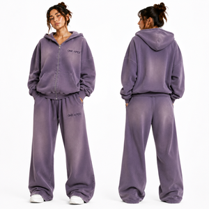 Conjunto Deportivo ONE APEX para Mujer, Sudadera con Capucha Oversize Lavada al Ácido con Cremallera Completa, Pantalones Anchos de Felpa Francesa Gruesa, Color Morado Ahumado, Estilo Urbano - Product Image 3