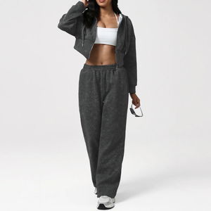 Conjunto de 2 Piezas para Mujer, Sudadera Corta y Pantalones, Color Sólido, Felpa, Corte Holgado, Ropa Deportiva Informal, Pantalones Largos con Cordón Ajustable - Product Image 1