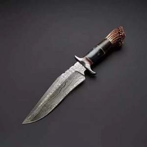 Couteau Bowie en acier Damas fait main A&M Enterprises avec manche en corne et étui en cuir, couteau de survie professionnel pour la chasse - Product Image 1