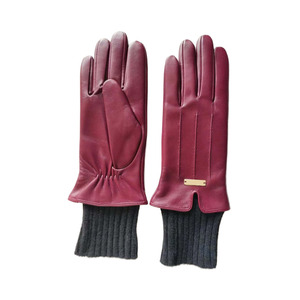 Burgundy Leather <b>Gloves</b> With <b>Wool</b> Lining Thermal Winter Wrist Length Casual Plain Style - Product Image 1